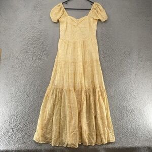 Billabong Maxi Dress Womens Large Yellow Floral Puff Sleeve Smocked Boho Tiered
